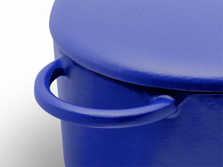 Enameled cast-iron Dutch oven in blueberry blue - handle close-up